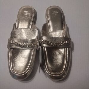 Zara Women's Metallic Gold Loafers Slides Mules 38 New